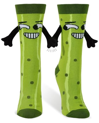 Subesty Funny Pickle Socks Gifts for Women Men Novelty Crazy Magnetic Hand Holding Socks Cotton Crew Stockings White Elephant Gifts for Adults Boys Girls Gag Sock