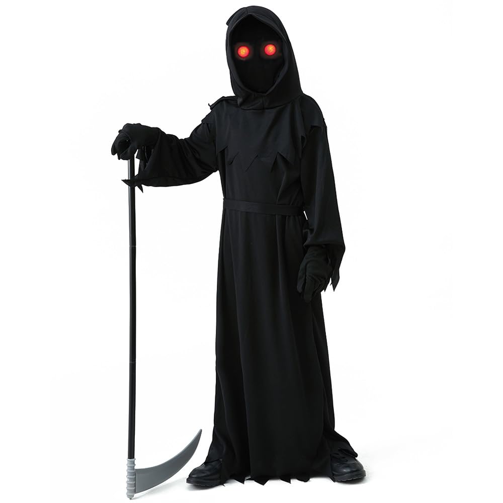 4 PCS Grim Reaper Costume Halloween Hooded Cloak Hoodies Robe Scythe Gloves Set Halloween Costume Fancy Dress Vampire Cloak Wizard Cape Long Cape Cosplay Costume Death Eater Ghost Costume for Adult
