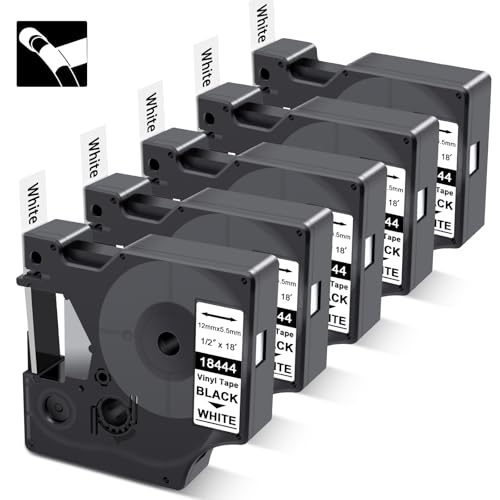 18444 White Tape Compatible with Dymo Rhino A18444 Industrial Permanent Vinyl 12mm 0.47 Black on White Work for 4200 5000 5200 6000 3000 Label Maker Tape Refills 5 Pack