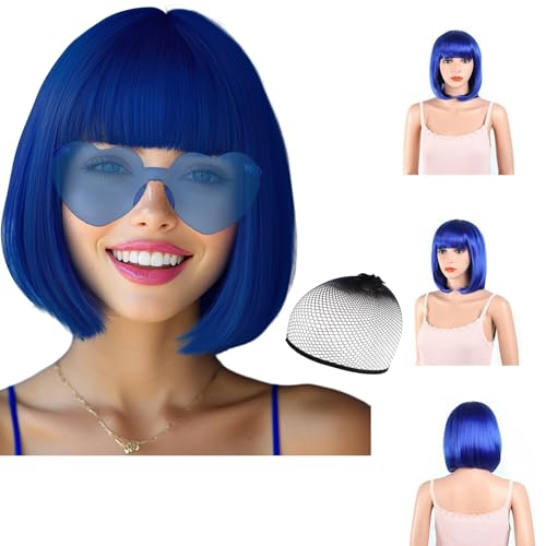 Image of LIULIUBTY Short Bob Hair Wigs Straight with Flat Bangs Synthetic Colorful Cosplay Daily Party Neon Wig for Women with Wig Cap 12 inch Natural As Real (Bob, Sapphire Blue)