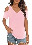 Elesomo Cold Shoulder Tops for Womens Short Sleeve V Neck Summer Tee Shirts, Pink M