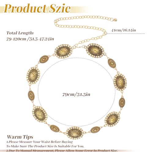Gold Chain Belt,Women Western Metal Chains Belts,Oval Concho Chain Belt,Metal Waist Chains Belts for Jeans Dresses Concert Boho2
