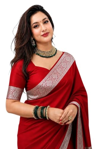 Image of Women's Glory Banarasi Satin Kanjivaram Saree Silver Zari Border Pure Soft Blend Silk Sari Kanchipuram Paithani Silk Party Wedding Festive New Ladies Sadi with Unstiched Blouse Piece.