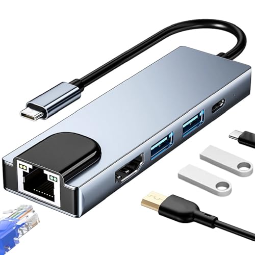 Huybaa 5 en 1 Hub USB C con Ethernet, Adaptador USB C a RJ45, 4 Puertos USB 3.0 Hub Multipuerto - Compatible con iPad y Laptops