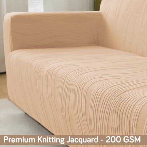 Image of HOKIPO 200 GSM Premium Knitting Jacquard Sofa Cover 4 Seater Fully Covered, 'Nestiva Series' Blush Beige (NEW-AR-5310-BGE)