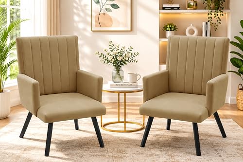 Image of Rosebell Modern Velvet Office Chairs Set of 2 with Armrests & Metal Legs | Upholstered High Back Leisure Chairs for Living Room, Bedroom, Office, Cafe & Dining Room | Golden