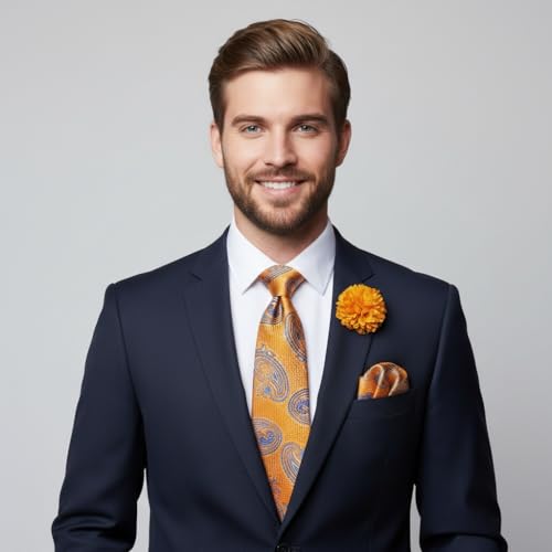 Image of 5PCS Mens Silk Designer Tie, Pocket Square, Cufflinks, Drilled Tie Ring and Lapel Pin Set for Wedding Groom Party