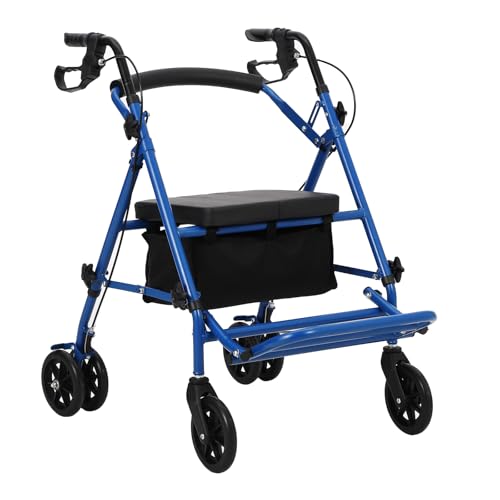 Andador plegable 3 en 1, andador con reposapiés, asiento y neumáticos de goma, peso ligero, capacidad de carga de 180 kg, silla de transporte con asiento de freno y respaldo para personas mayores