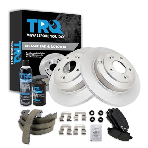Image of TRQ Rear Brake Pad & Rotor Kit, with Chemical Kit Parking Brake Shoe Set Ceramic Compatible with 2010-2014 Hyundai Genesis Coupe