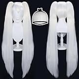 ANOGOL Hair Cap+48inch/120cm White Wig Cosplay Peluca Blanca, White wig Ponytail Wig, Long Lolita Wig For Halloween Costume, Long White Wig With Bangs Straight wig For Halloween Party Cosplay Wigs