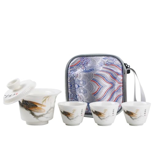 Juego de té japonés Gongfu para adultos, juegos de té chino de viaje de cerámica, mini tetera asiática Gaiwán, juego de té Kungfu portátil para adultos, regalos para amantes del té para exteriores y