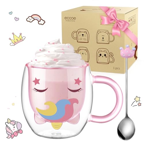 ecooe Doppelwandige Süße Einhorn Latte Macchiato Gläser Kaffeetasse 280 ml Kaffeeglas Teegläser für Cappuccino, Latte Macchiato,Tee, Milch… – Ansicht 1