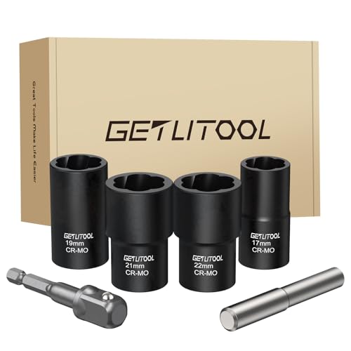 GETLITOOL Juego de llaves de vaso de perfil en espiral, extractor de tornillos especiales de 1/2', 17 mm, 19 mm, 21 mm, 22 mm, juego de extractor de tornillos y tuercas con adaptador, varilla redonda