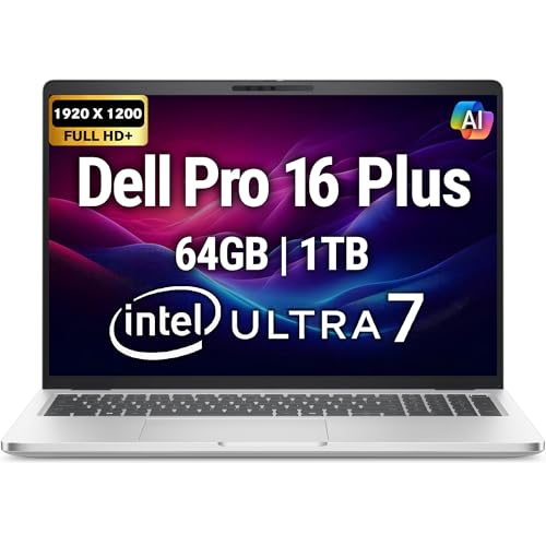 Dell Pro 16 Plus PB16250 (Replaces Latitude 5550) AI Business Notebook 16' FHD+ Intel Ultra 7-265U, 64GB DDR5 RAM, 1TB SSD PCIe, Wi-Fi 6E, BT, Backlit Keyboard, HD Webcam, RJ-45, Win 11 Pro - Silver