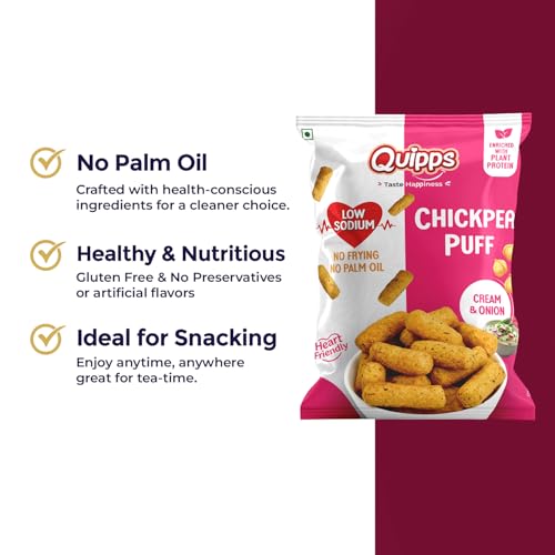Image of Quipps Chickpea Puff - Cream & Onion (60g) | Plant Protein Healthy Snack | Low Sodium, Gluten Free, No Palm Oil | Non-Fried Crunchy Diet Snack | Heart Friendly Crunchy Puffs | Light & Crunchy Healthy Munchies for Office Snacks