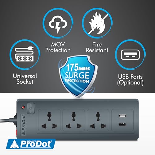 Image of Prodot 3 Universal Sockets with 2 USB Ports Surge Protector I 5m Heavy-Duty Copper Cord | Up to 2500W (250V~10A) I Automatic Overload Protection I Shock-Proof ABS Body I Home, Office & Travel Use