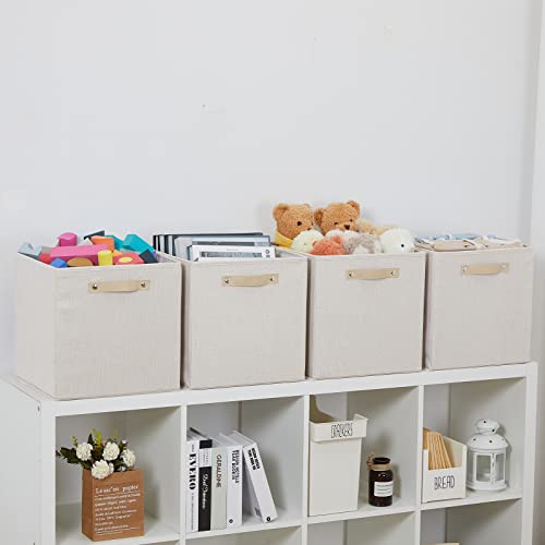 Bidtakay Large Bins Square Fabric Storage Bins 13 Inch Storage Cubes Shelf Baskets Collapsible Toy Storage Box Clothes Cubby Storage Bins For Closet Organizer Office Storage Home Organization (Beige) #TOP2