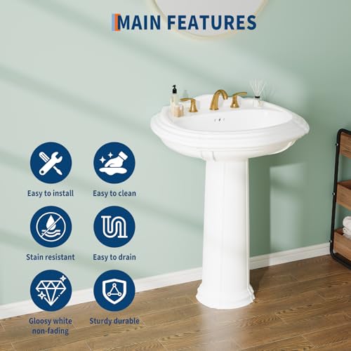 20 x 26 Inch Bathroom Pedestal Sink, Classic Freestanding Ceramic Sink with Overflow Hole, Vintage White Bathroom Sink with 3 Pre-Drilled Holes for 8 Inch Faucets