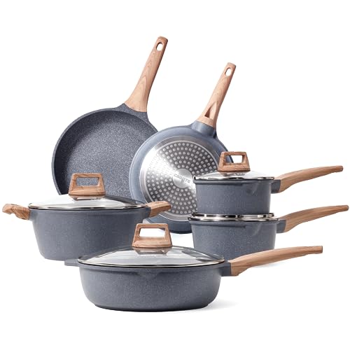 CAROTE 10 Pcs Pots and Pans Set,Nonstick Granite Cookware Sets, Stone