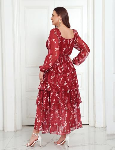 Image of EYWOL Plus Size Long Sleeve Floral Tiered Semi Formal Wedding Guest Dress | Chiffon Maxi, On or Off Shoulder, Flowy A-Line, Side Slit, Elastic Back Waist, Cocktail, Dinner Party, Engagement, Prom, Gala