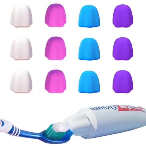 Toothpaste Lids Self-Sealing Toothpaste Caps, No Waste Dispenser, Easy to Use Food Grade Silicone, Mess Free Toothpaste Squeezer Cap for Kids & Adults, Bathroom Accessories (12)
