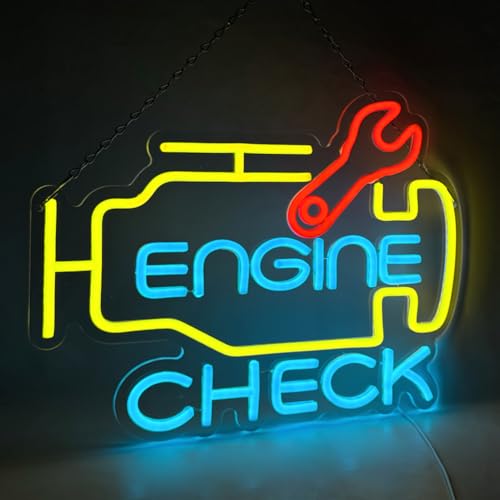 Image of Check Engine Neon Sign for Wall Decor, LED Garage Neon Signs Car Neon Sign USB Powered Neon Wall Signs for Man Cave Auto Repair Shop Workshop Party Birthday Gift