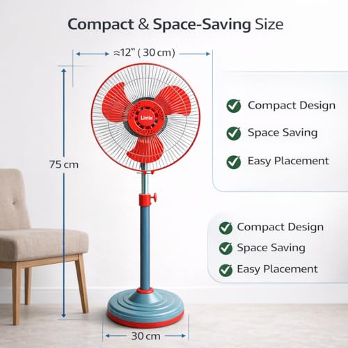 Image of Limix Pedestal Fan, 12V DC Solar Powered, 21W, 3 Blades, Adjustable Height, Red & Grey, Classic Style, 10x30x30 cm Solar Fan-69A