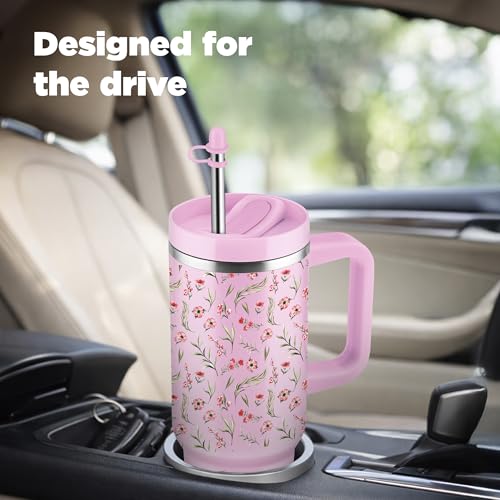Image of MILTON Malmo 1200 Thermosteel Double Wall Vacuum Insulated Stainless Steel Tumbler with Handle 1100ml, Travel Mug with Straw,Silicon Cap,Cleaning Brush,Hot & Cold Beverage Flask,Floral Pink