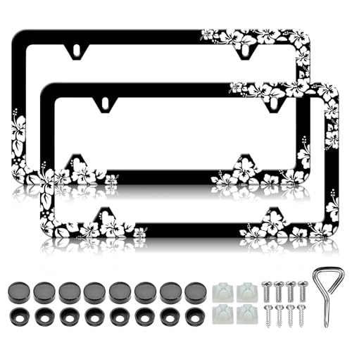 Hibiscus Flower License Plate Frames - 2 Pack Tropical Hawiian Floral License Plate Holder, Stainless Steel Rust-Proof Waterproof Car Decorative Tag Frame for Standard US 12x6 Inch