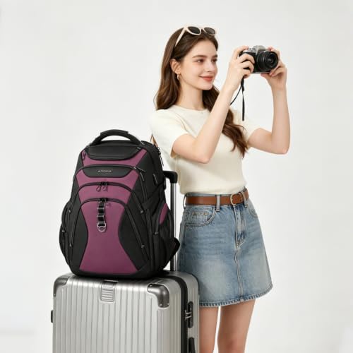 Image of KROSER Travel Laptop Backpack 17.3 Inch XL Computer Backpack with Hard Shell Saferoom RFID Pockets Water-Repellent Business College Daypack Stylish Bag for Men /Women-Black Burgundy