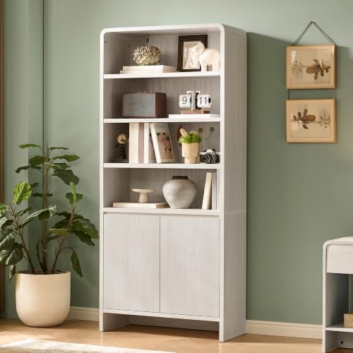 Image of AMERLIFE 71 inch Modern Wood Bookcase with Storage Cabinets, White | 6 Tier Bookshelf, Large Space, Adjustable Shelves, Curved Design, Ideal for Living Room, Bedroom, Home Office, Easy Assembly