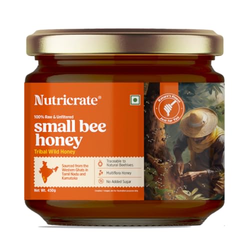 Image of Nutricrate Small Bee Pure Organic Honey - 450g Glass Jar - Kombu /Stingless Bee Raw & Unprocessed Honey from the Jungles of Western Ghats - Unpasteurized, No Sugar Adulteration - Supports Digestion