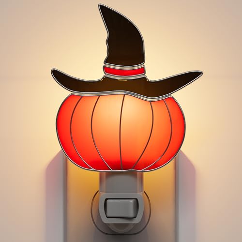 Image of Stained Glass Night Lights Plug into Wall Halloween Witch Hat 1-Pack 7W Plug in Night Light Dusk to Dawn 3000K Warm White Nightlight Switch-On /Off for Adult Kids Room Bathroom Hallway Kitchen