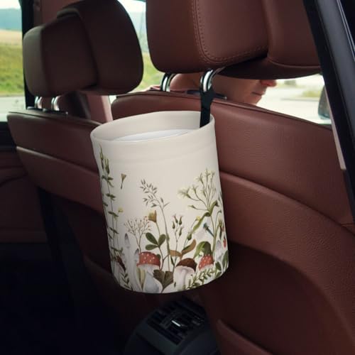 Image of Small Car Trash Can, Mushroom Plants Design Hanging Foldable Car Trash Bag, Waterproof Leakproof Garbage Bin, Car Interior Organizer Accessories