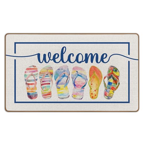 WTOGQ Summer Beach Door Mat, Coastal Beach Welcome Mat, Ocean Beachy Nautical Summer Slippers Front Door Porch Indoor Outdoor Entrance, Coastal Outdoor Decor, Beachflip Flops Decor,17X29 Inches