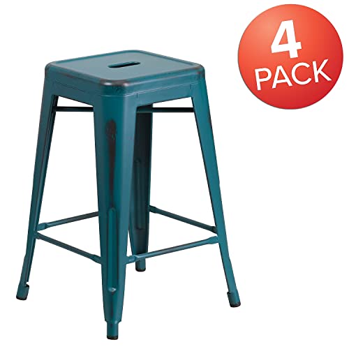 Flash Furniture Commercial Grade 4 Pack 24" High Backless Distressed Kelly Blue-Teal Metal Indoor-Outdoor Counter Height Stool #TOP3