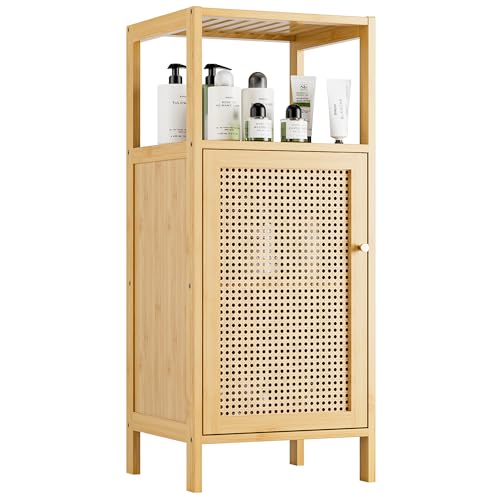 vovala Armario de Suelo de Bambú, Organizador de Almacenamiento de Baño con Puerta de Ratán Individual y 1 Estante, Soporte de Armario Lateral de Madera para Entrada, Cocina, Sala de Estar (Natural)