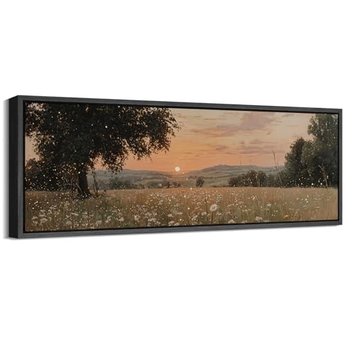 Image of MUDECOR Large Framed Canvas Print Wall Art Golden Sunset Meadow with Wildflowers Warm Landscape Antique Retro Ready to Hang Painting for Living Room Bedroom Multi-Sizes - 60 inchx20 inch