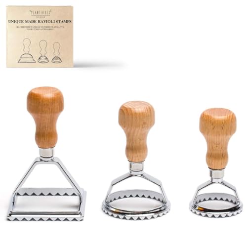 Plantvibes Set di 3 tagliapasta per ravioli con manico in legno, timbri per ravioli e taglierina per ravioli