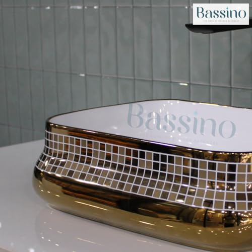 Image of BASSINO 18x14x5 Inches Ceramic Counter Top Wash Basin /1 Year Warranty /White & Rose Gold Basin for Bathroom /Rectangular Shape Tabletop Washbasin for Restaurant /Dining Hall /Living Room /Home(Glossy)