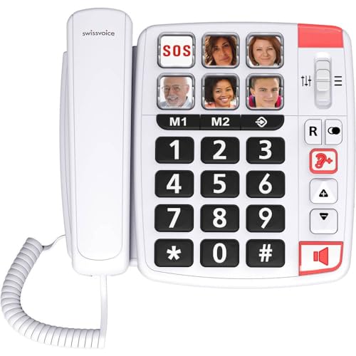SWISSVOICE - Xtra 1110 - Téléphone Fixe Filaire - Larges Touches - 6 Touches Mémoires Avec Photo - Sonneries Extra Fortes - Indicateur Lumineux - Audio Boost - Compatible Aides Auditives - Blanc