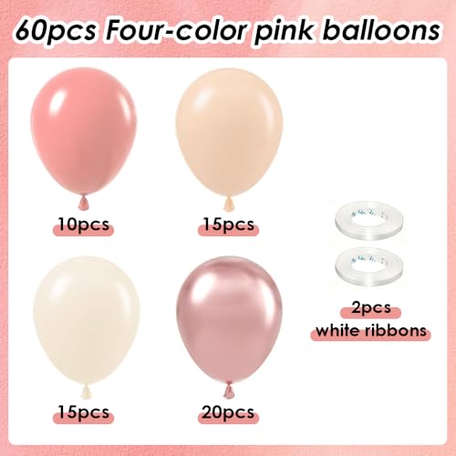 Image of 60pcs Dusty Pink Balloons 12 Inch Blush Pink Dusty Rose Nude Balloons Ivory White Metallic Rose Gold Decorations for Boho Baby Shower Girl Birthday Party Wedding Bridal Shower Party Decorations