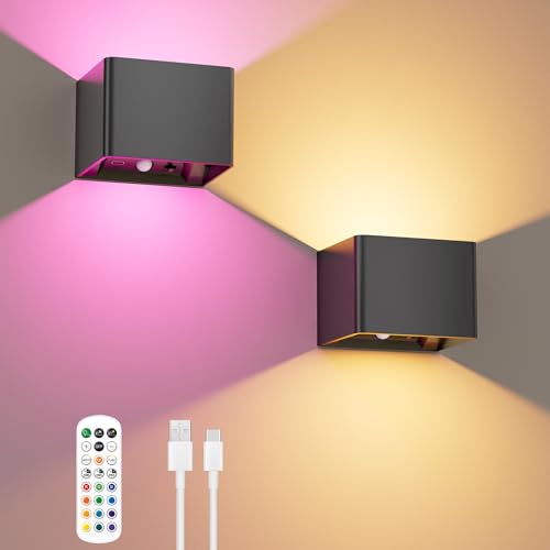 Motion Sensor Wall Lights with Remote, 5000mAh Rechargeable Battery Operated Wall Sconces, Wireless Indoor Up Down Lights, 12 RGB Colors, Warm Orange & Cool White for Hallway Stairs Bedroom, 2 Pack - image 1