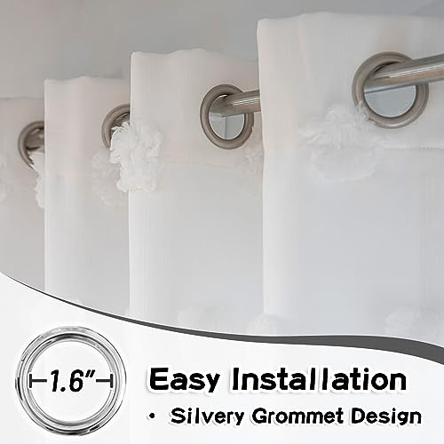 Image of MYSKY HOME White Curtains for Living Room 90 Inches Long Nursery Curtains for Bedroom Double Layer Curtains White Pom Pom Sheer Curtains for Dining Room Grommet Room Darkening Window Panels W52 X L90