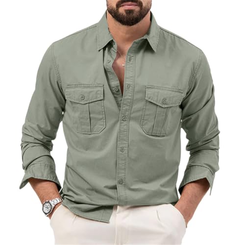 seiveini Outdoor Ventures Camisas de Manga Larga para Hombre con Bolsillos para Exteriores Transpirables Camisa Tácticas Militares Camisa de Senderismo Hombre con Botones A Verde M