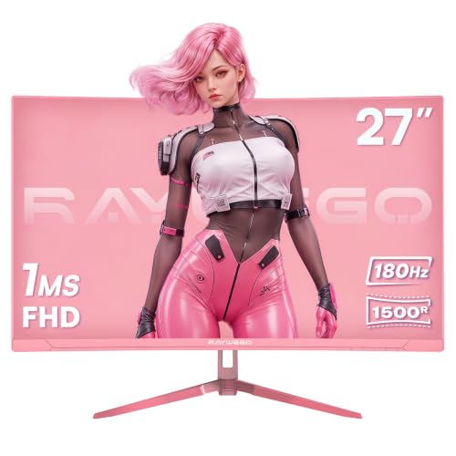 Image of Raywego 27 Inch Pink Curved Gaming Monitor for Desk Setup, 180Hz FHD 1080P Computer Monitor, 1500R Curved Display, FreeSync, HDR10, Home Office, Streaming & Content Creation