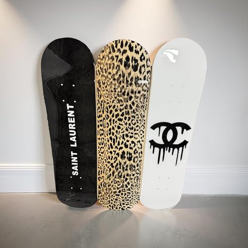 BDTrims 3 Pack Designer-Influenced Pop Art Skateboard Deck Set, Black White and Leopard Print, Premium 7-Ply Maple, Wall Decor, Customization Available