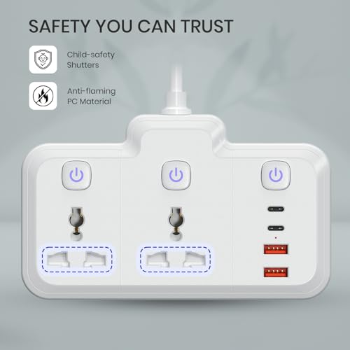 Image of Portronics 2500W Power Plate Plus 6-in-1 Power Extender, 2 Universal Sockets & 4 USB Ports, Individual Switches, 180 Flexible Cord, Child Safety Shutters, for Home, Office, Laptops, 6A /10A Appliances
