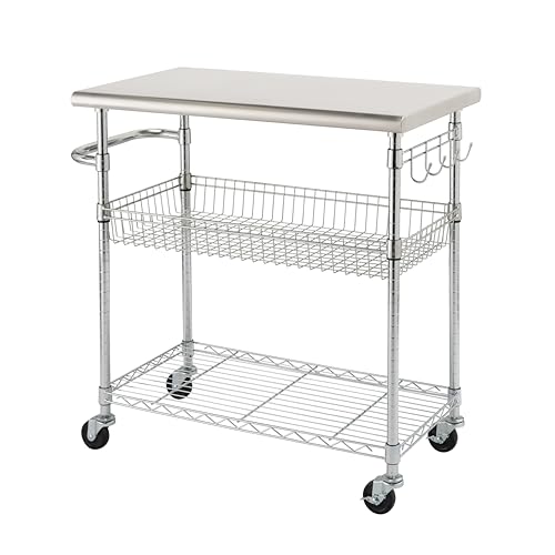 TRINITY-EcoStorage-Rolling-Metal-Wire-Kitchen-Cart-with-Removable-Stainless-Steel-Top-Basket-Shelf-Sidebar-Hooks-for-Storage-and-Food-Prep-NSF-Certified-386-W-x-20-D-x-36-H-Chrome-Finish TRINITY EcoStorage Rolling Metal Wire Kitchen Cart with Removable Stainless Steel Top Basket Shelf Sidebar Hooks for Storage and Food Prep NSF Certified 386 W x 20 D x 36 H Chrome Finish