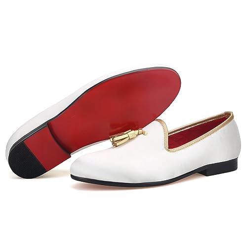 FERUCCI Handmade White Men Velvet Slippers Loafers with Gold Tassel2